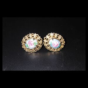 Vintage 1940's Gold Floral Enamel Clip On Screw Back Earrings